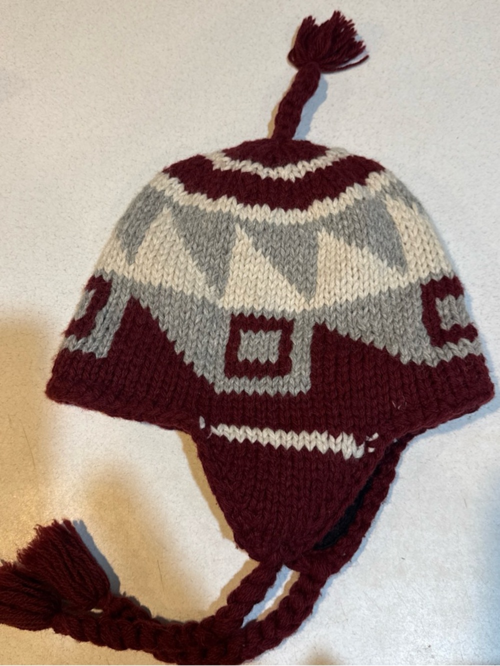 Earflap Winter Hat - Burgundy, Gray & Cream